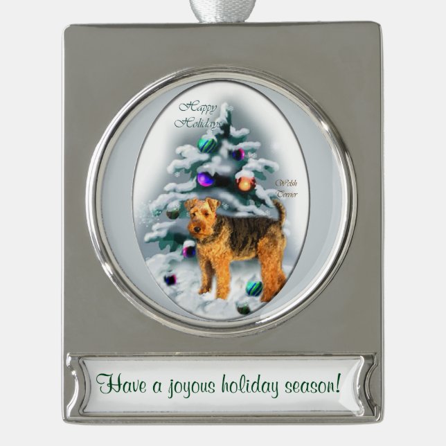 Welsh Terrier Personalized Christmas Silver Plated Banner Ornament (Front)