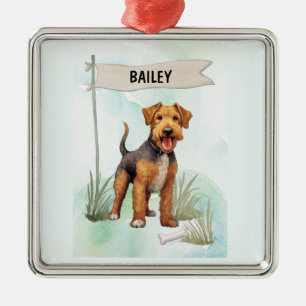 Welsh Terrier Watercolor Personalized Dog Metal Ornament