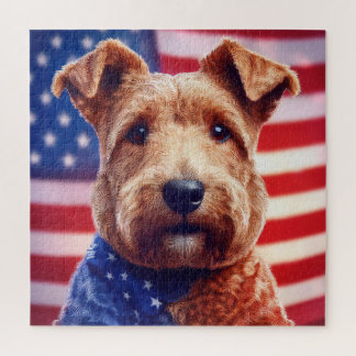 Welsh Terrier With American Flag And Bandana Jigsaw Puzzle