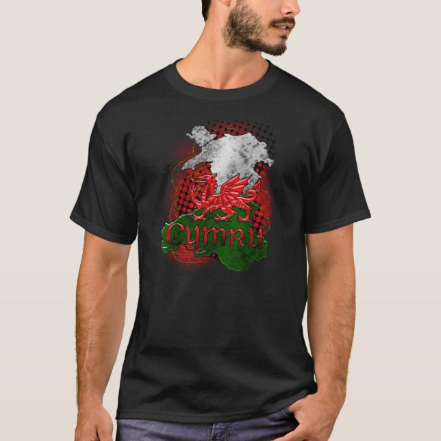 Welsh TShirt Grunge With Dragon And Map Of Wales (Front)