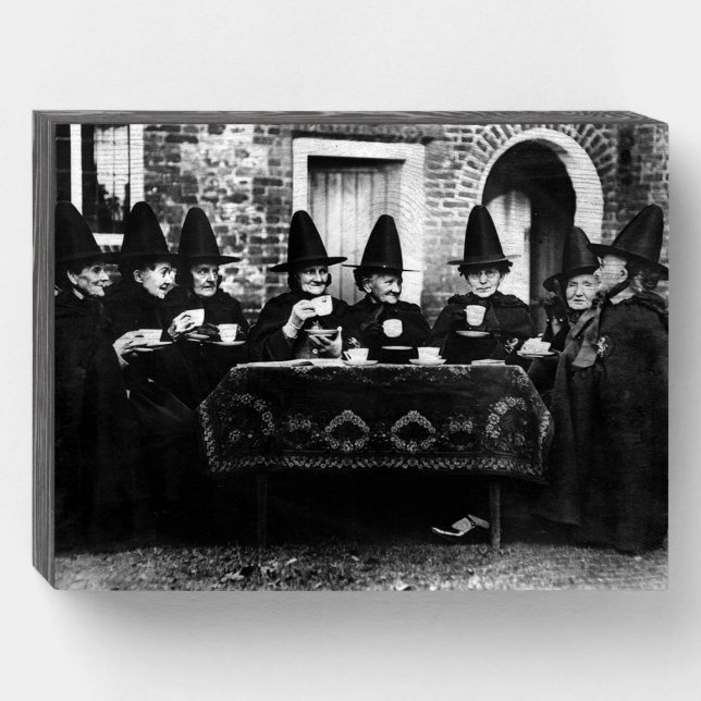 Welsh Witches Having Tea Crone Teatime   Wooden Box Sign (Front Horizontal)