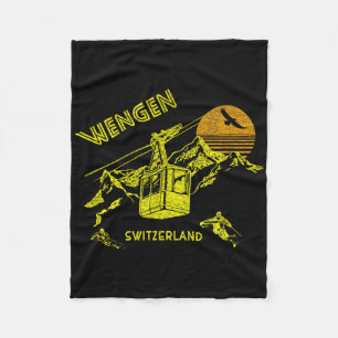 Wengen Switzerland Retro Skiing Tee Fleece Blanket