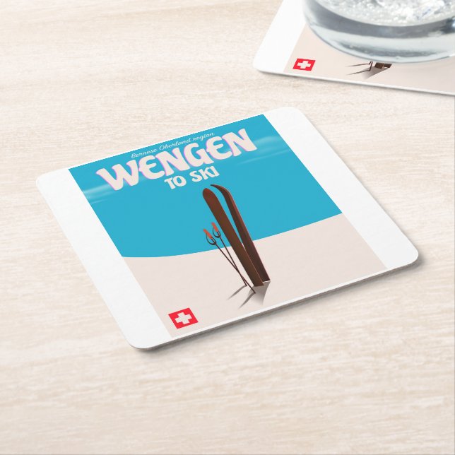 Wengen, Switzerland, Ski Poster Square Paper Coaster (Angled)