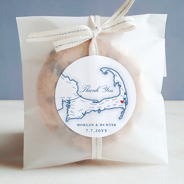Wequassett Cape Cod Map Thank You Wedding Favor Classic Round Sticker (Wequassett Resort sticker label for a Harwich MA Cape Cod Wedding favor
)