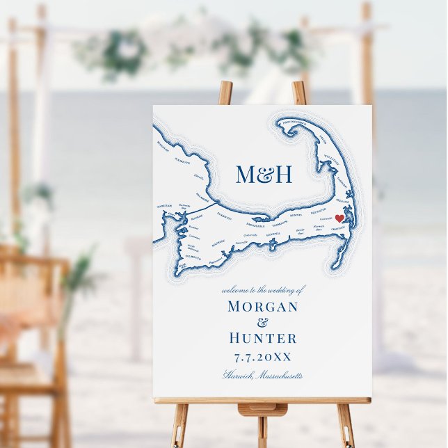 Wequassett Resort Cape Cod Wedding Welcome Sign (Medium size Wequassett Resort and Golf Club wedding welcome sign with map and monogram)