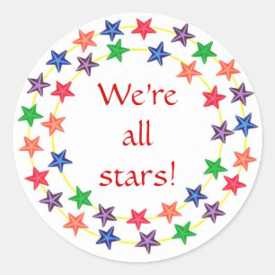 We're all stars! stickers, with colorful stars classic round sticker