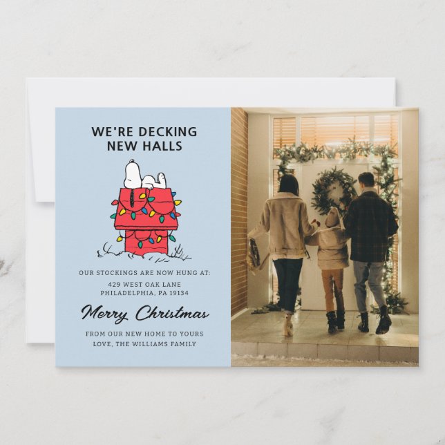 We're Decking New Halls | Snoopy We've Moved Holiday Card (Front)