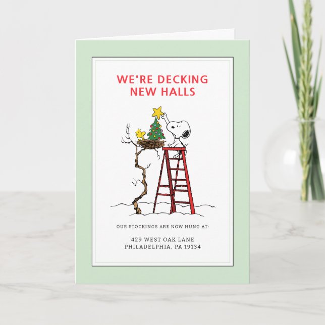 We're Decking New Halls | Snoopy We've Moved Holiday Card (Front)