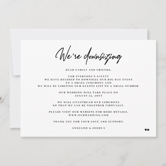 Were downsizing elegant minimal smaller wedding announcement (Front)