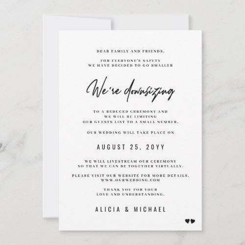 Were downsizing modern minimal smaller wedding announcement