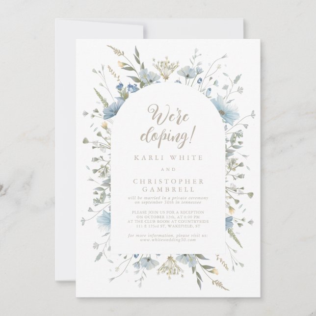 We're Eloping Fun Elegant Script Dusty Blue Floral Invitation (Front)