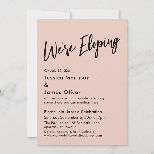 We're Eloping Minimal Handwriting Blush Pink Invitation (Front)