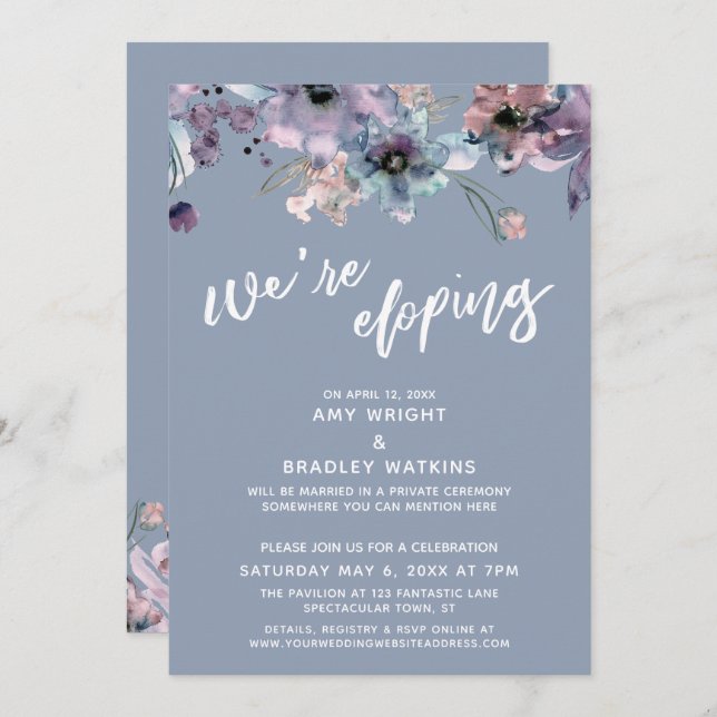 We're Eloping Script Dusty Blue Watercolor Florals Invitation (Front/Back)