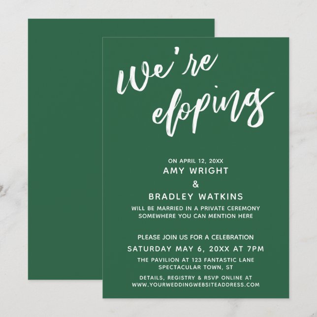 We're Eloping Simple Leaf Green Handwriting Script Invitation (Front/Back)