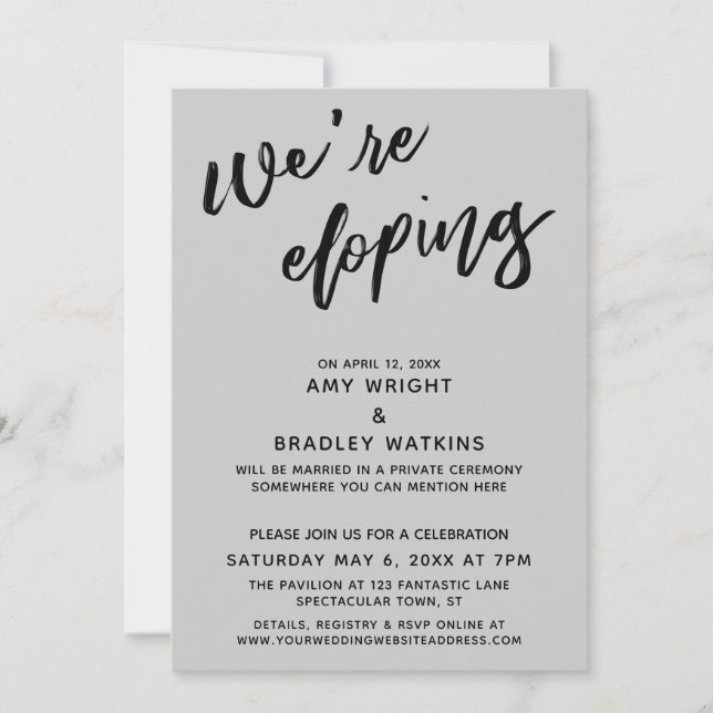 We're Eloping Simple Modern Handwriting Gray Invitation (Front)