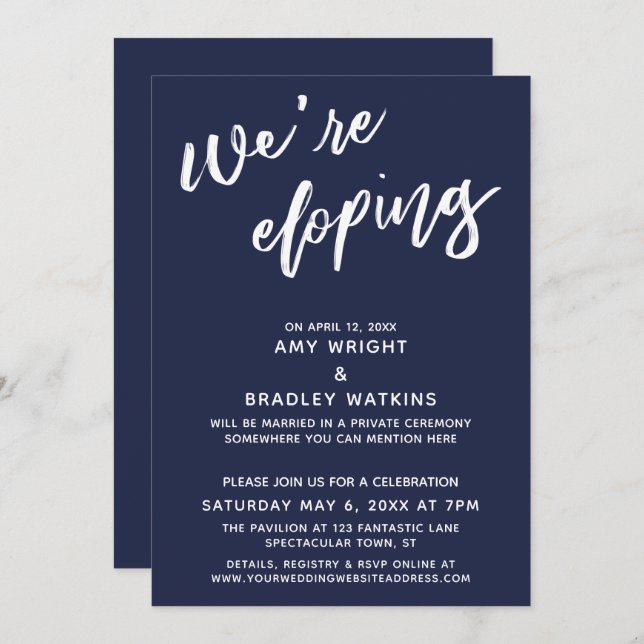 We're Eloping Simple Navy Blue Handwriting Script Invitation (Front/Back)