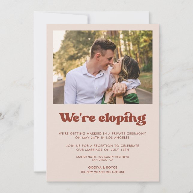 We're eloping Stylish Peach Pink announcement (Front)