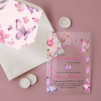 We're Enchanted To Meet Pink Butterfly Baby Shower Acrylic Invitations
