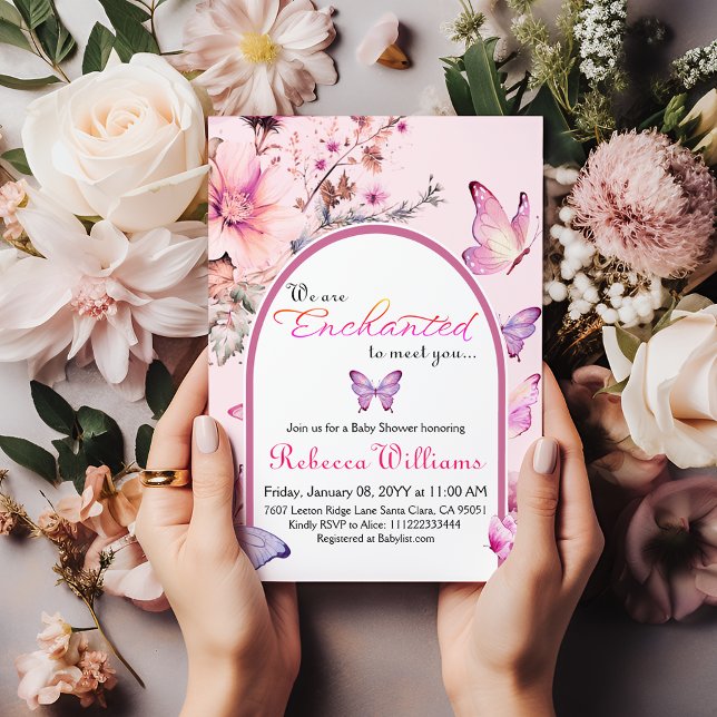 We're Enchanted To Meet Pink Butterfly Baby Shower Invitation (Creator Uploaded)