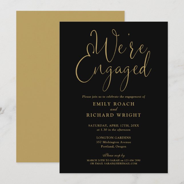 We're Engaged Black And Gold Engagement Party Invitation (Front/Back)