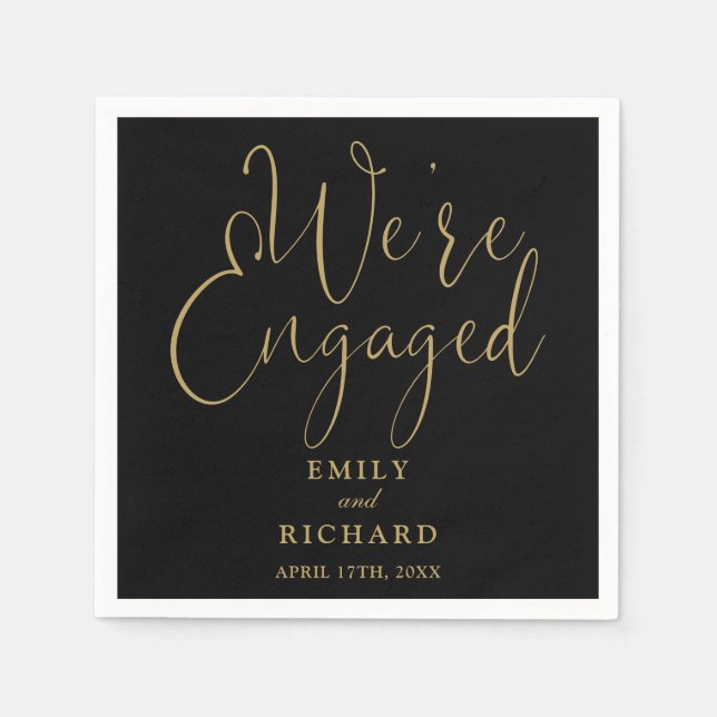 We're Engaged Black And Gold Engagement Party  Napkins (Front)