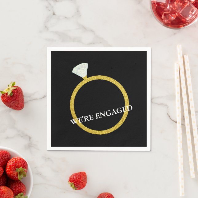 We're Engaged Black & Gold Bridal Shower Party Paper Napkins (Insitu)