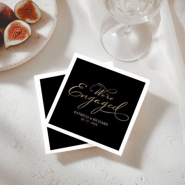 We're Engaged Black Gold Engagement Party Napkins (Creator Uploaded)