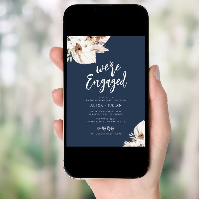 WE'RE ENGAGED boho pampas navy blue engagement Invitation (Front Digital)