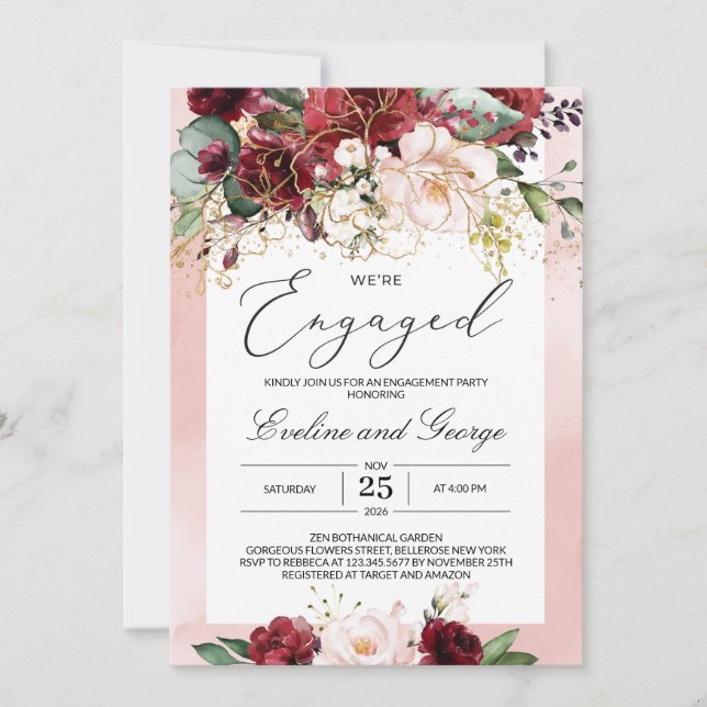 We're Engaged Burgundy Floral Boho Invitation (Front)