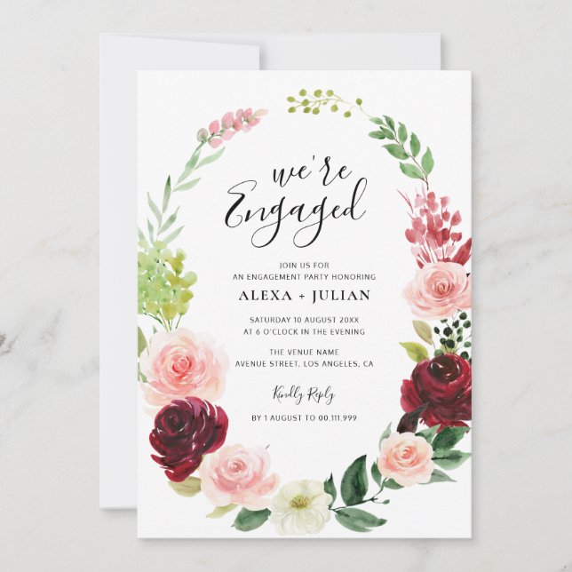 we're engaged burgundy floral engagement party invitation (Front)