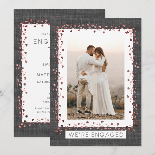We're Engaged Burlap Heart Photo Engagement Invitation (Front/Back)