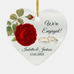 We're Engaged Deep Red Rose Ceramic Ornament