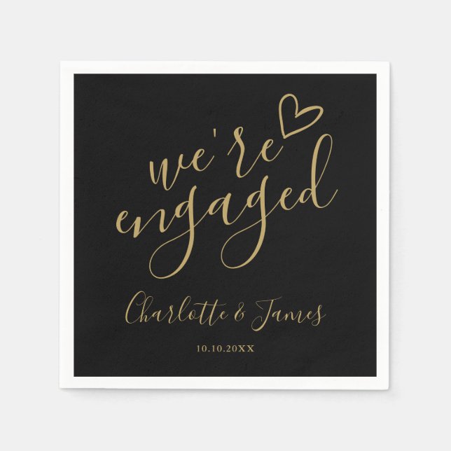 We're Engaged Engagement Party Black And Gold Napkins (Front)