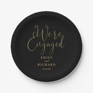We're Engaged Engagement Party Black And Gold Paper Plates
