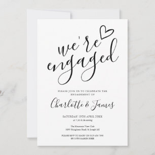 We're Engaged Engagement Party Black And White Invitation