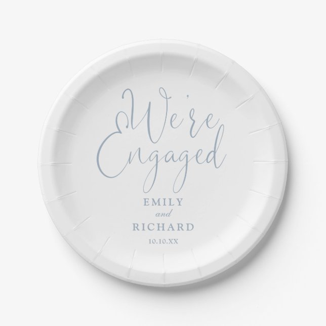 We're Engaged Engagement Party Dusty Blue Paper Plates (Front)