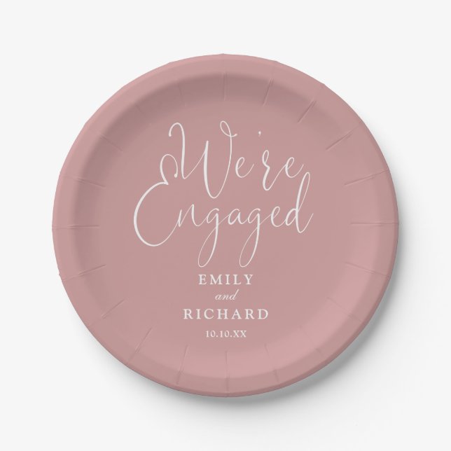 We're Engaged Engagement Party Dusty Rose Pink Paper Plates (Front)