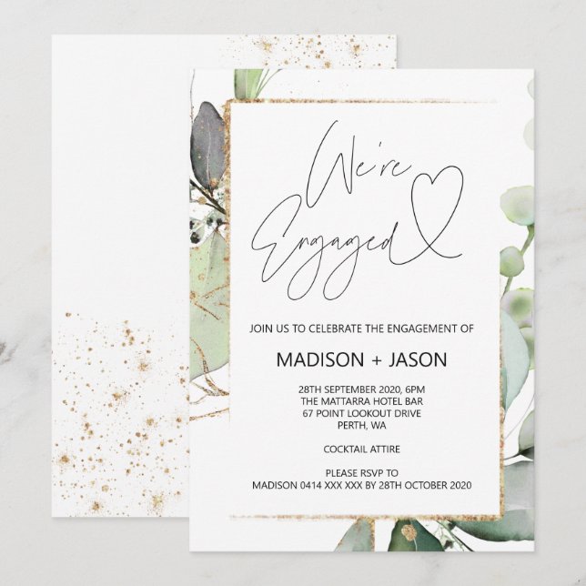 We're Engaged Engagement Party Eucalyptus Gold Invitation (Front/Back)