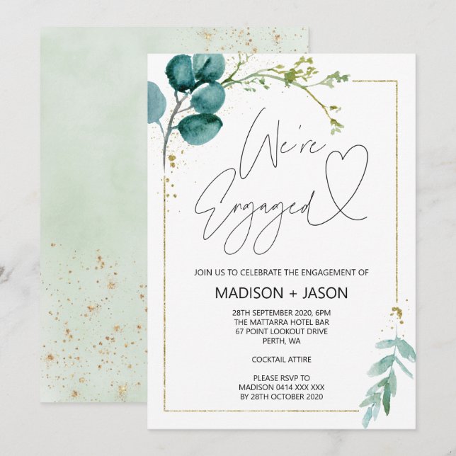 We're Engaged Engagement Party Eucalyptusl Gold Invitation (Front/Back)