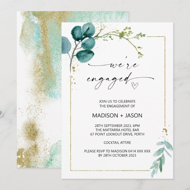 We're Engaged Engagement Party Green and Gold Invitation (Front/Back)