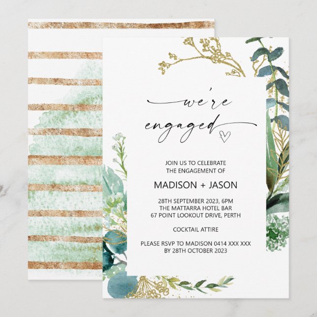 We're Engaged Engagement Party Green and Gold Invitation (Front/Back)
