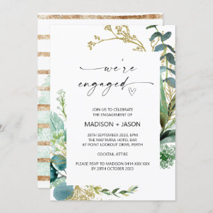 We're Engaged Engagement Party Green and Gold Invitation