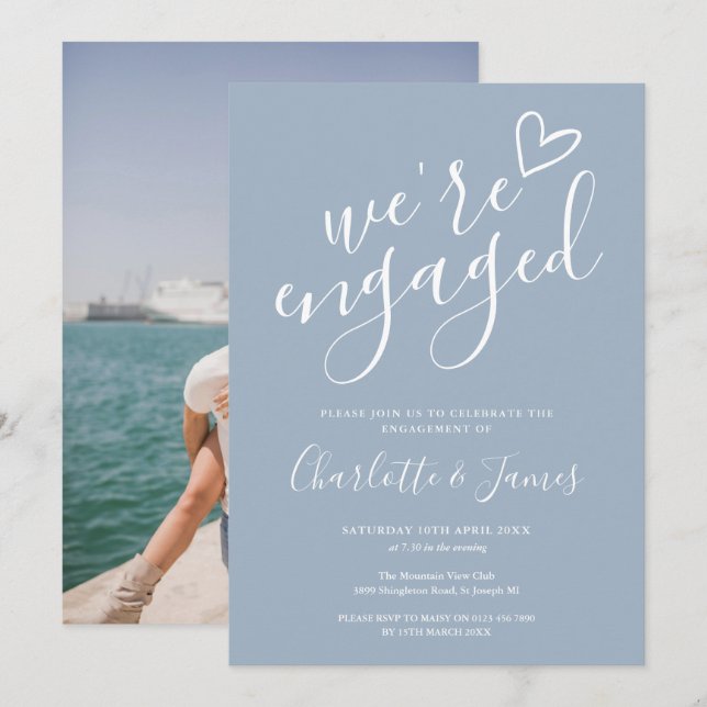 We're Engaged Engagement Party Photo Dusty Blue Invitation (Front/Back)