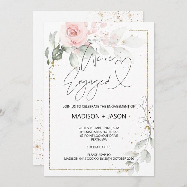 We're Engaged Engagement Party Pink Floral Gold Invitation (Front/Back)
