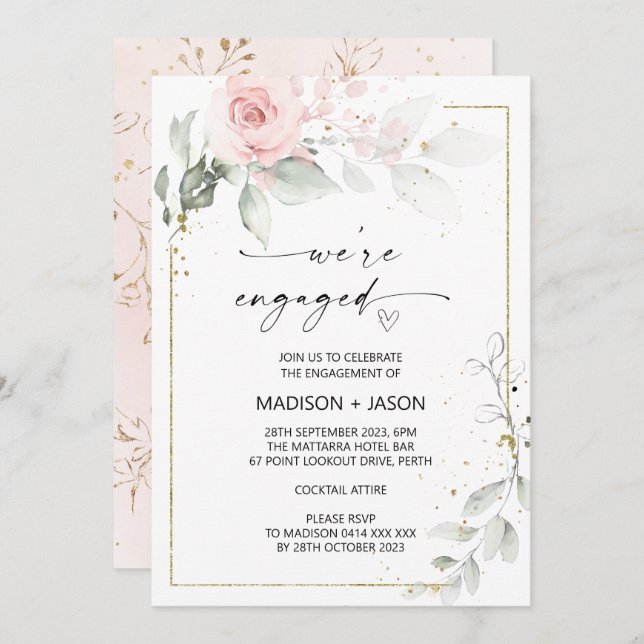 We're Engaged Engagement Party Pink Gold Floral Invitation (Front/Back)