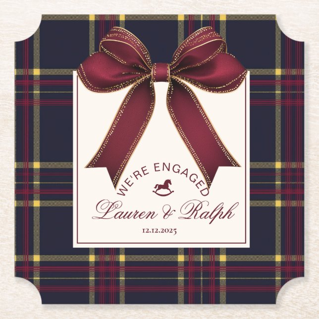 We're engaged Engagement Party Red Bow Christmas Paper Coaster (Front)