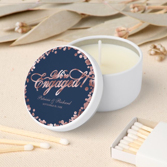 We're Engaged Engagement Party Rose Gold Blue Mini Candle Favors (Insitu)