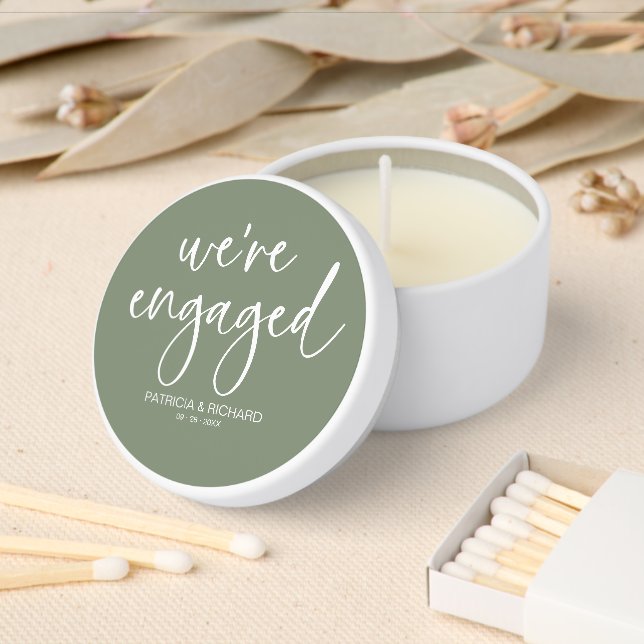 We're Engaged Engagement Party Sage Green Mini Candle Favors (Insitu)