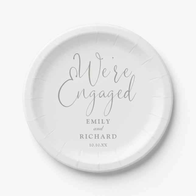 We're Engaged Engagement Party Sage Green Paper Plates (Front)