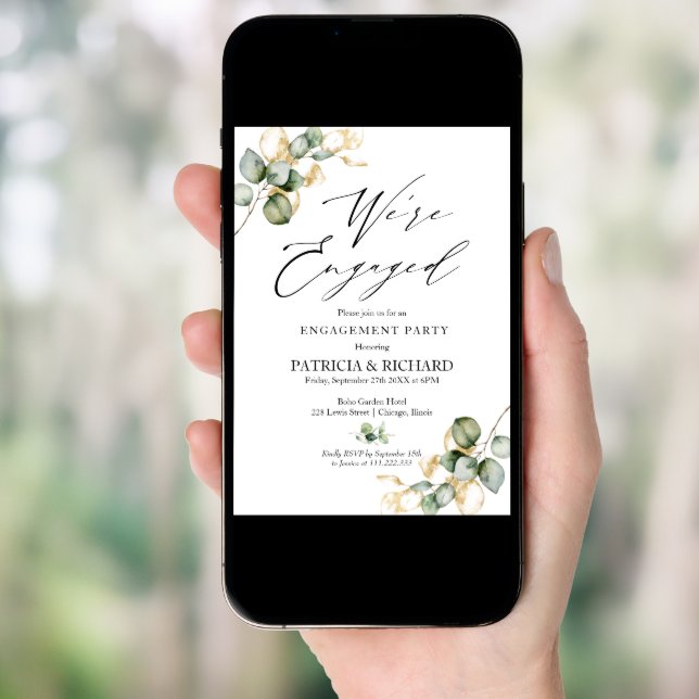 We're Engaged Gold Greenery Engagement Party Invitation (Front Digital)
